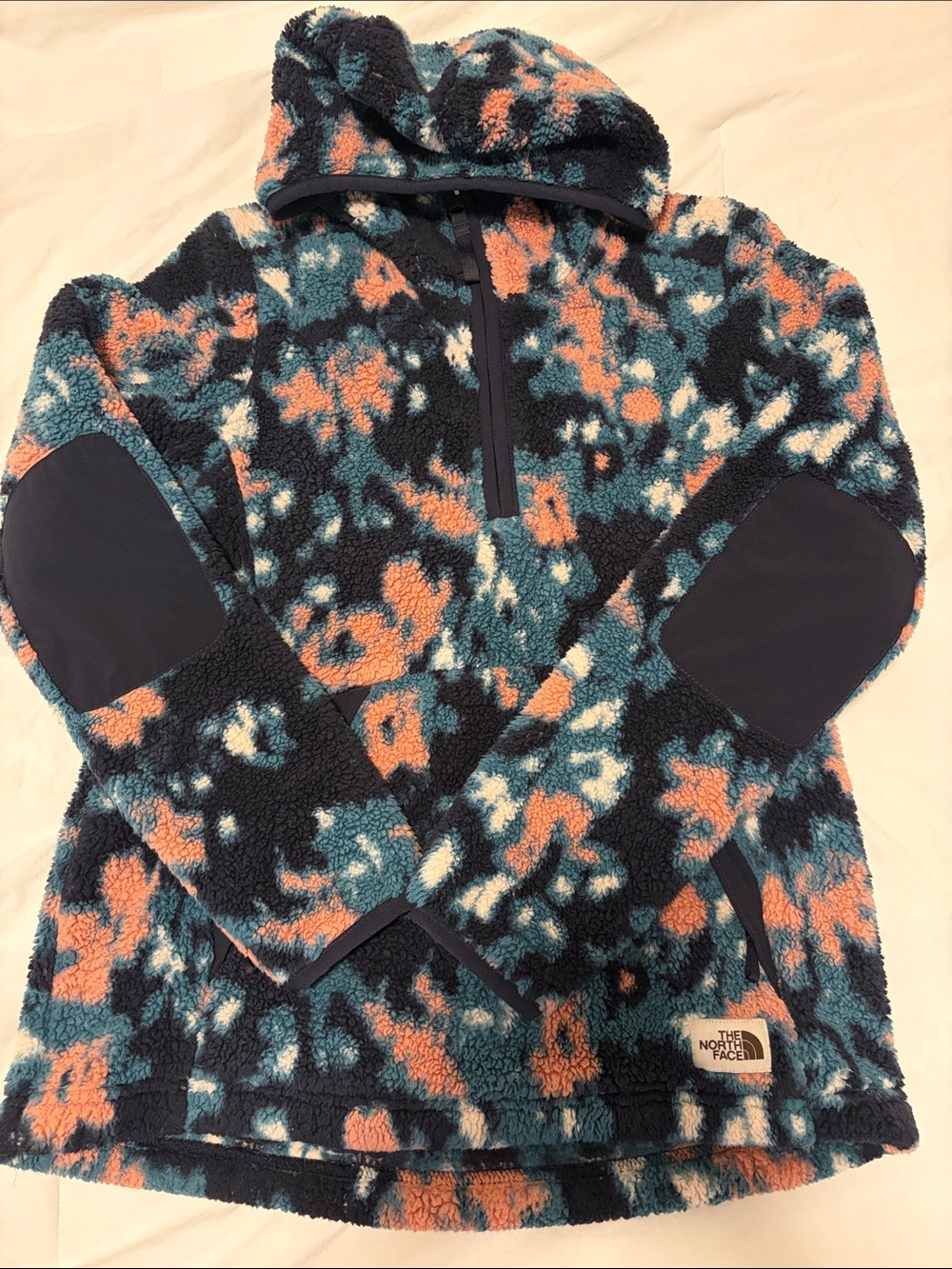 The North Face Girls Navy Teal Coral Sherpa Pullover Hoodie